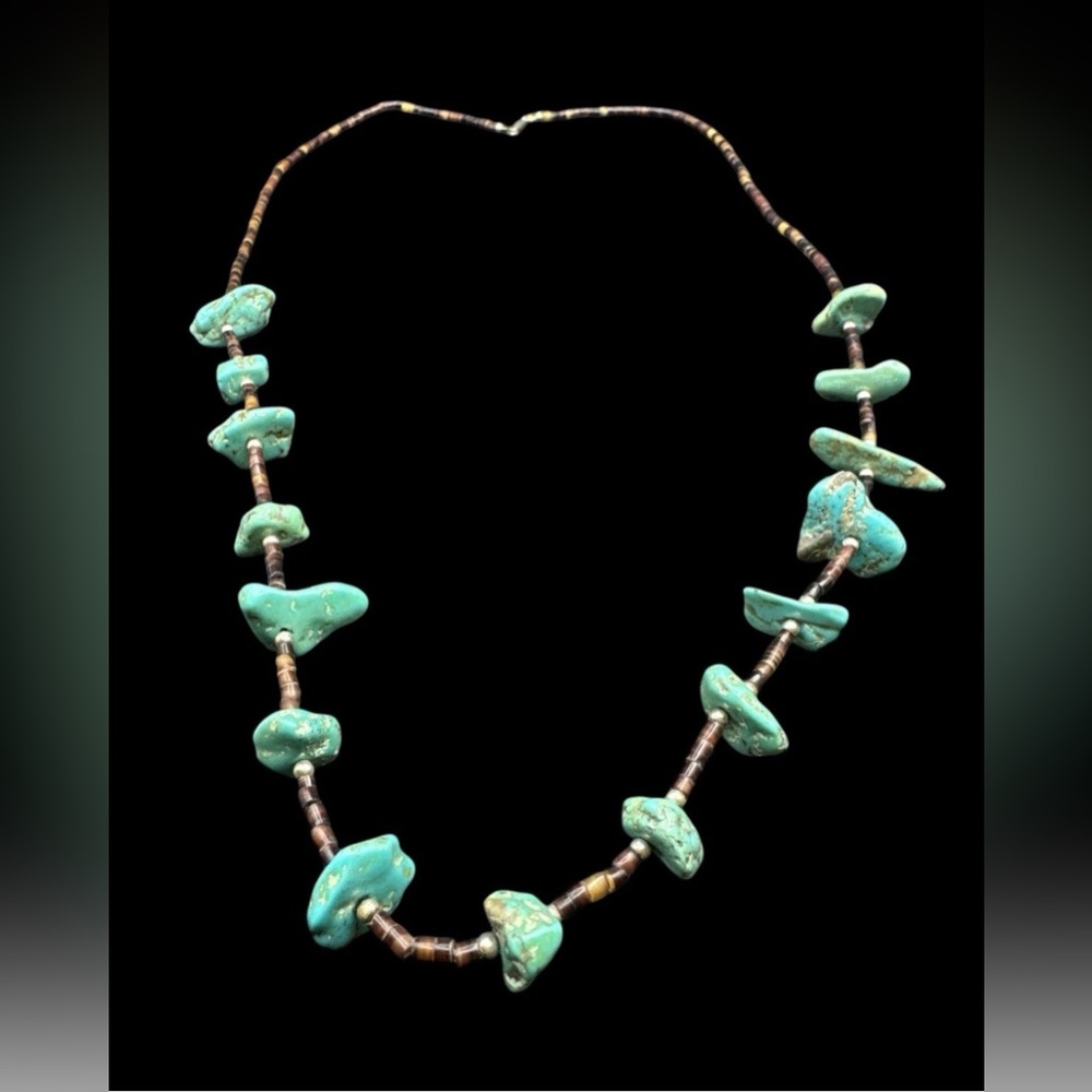 Vintage Santo Domingo Style Heishi Turquoise Olive Shell Necklace 31” - Picture 3 of 5